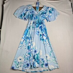 Womens Blue Floral Maxi Dress Butterfly Sleeve V Neck Empire Waist M wrap belt